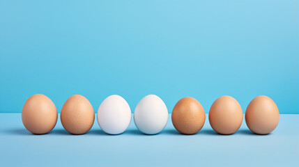 a row of eggs sitting in a row on a blue surface