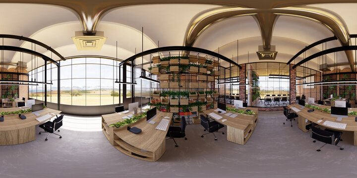 3d illustration spherical 360 vr degrees, a seamless panorama of the room and office. interior design 3D rendering.reception in a modern panoramic office