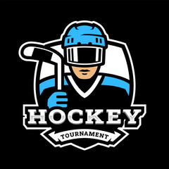 Hockey player logo, emblem on a dark background.