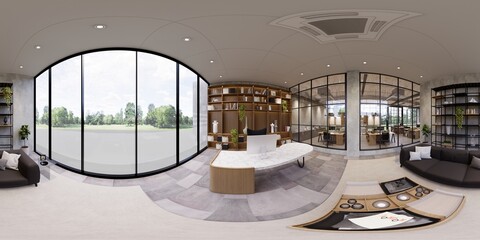 3d illustration spherical 360 vr degrees, a seamless panorama of the room and office. interior design 3D rendering.reception in a modern panoramic office