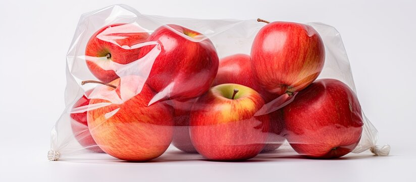 The concept of ecology is portrayed by a transparent plastic bag crumpled with ripe red apples all set against a white background