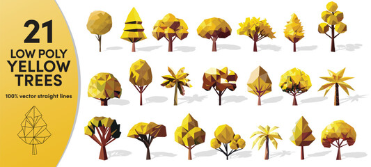 Set of Low Poly yellow trees. Geometric polygonal style collection. 100% Vector 3d with shadow - obrazy, fototapety, plakaty