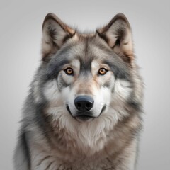AI generated illustration of A majestic wolf stares with a white background