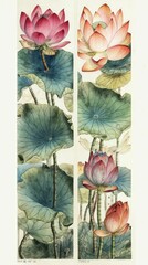 AI generated illustration of a vibrant painting featuring large lotus leaves