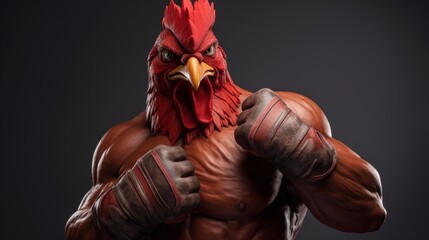 Muscle chicken gesture fist pump, Rooster fighter showing fighting pose on bright color studio background