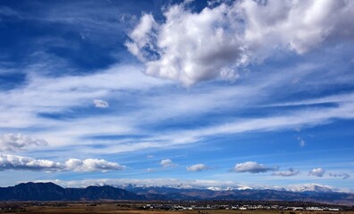 looking out  at boulder's flat irons, long's peak,  rock creek open space, and the  front range of colorado's rocky mountains from broomfield, colorado, on a sunny day in early winter