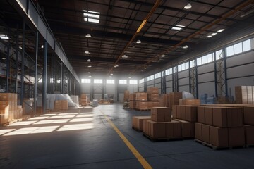 AI generated illustration of a storage room in an industrial building with windows and stacked boxes - obrazy, fototapety, plakaty