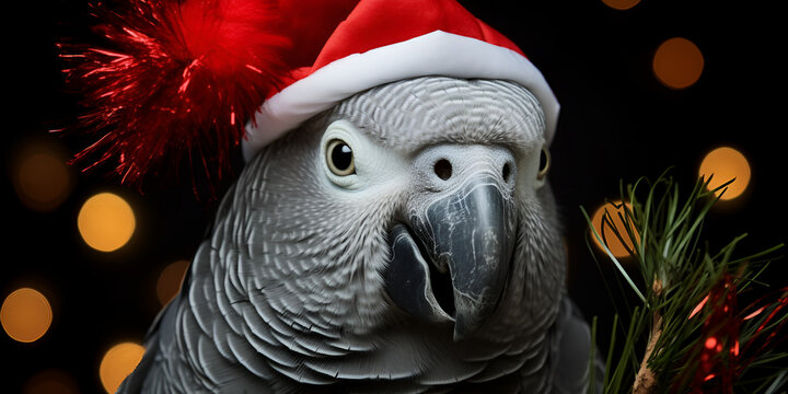  Congo African Grey Parrot perched on a cage in front of a Christmas tree ,Adorable Christmas Portraits Animals in Watercolor Festive Attire Cute Snow Atmosphere with generative ai

