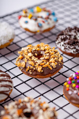 Chocolate donuts, on white background.