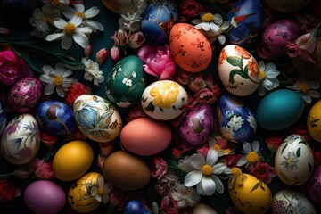 Fototapeta na wymiar AI generated illustration of a display of Easter decorations with a vibrant assortment of eggs