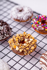 Chocolate donuts, on white background.