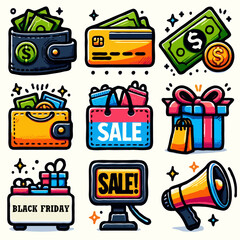 An assorted Black Friday icon set displayed on a white background