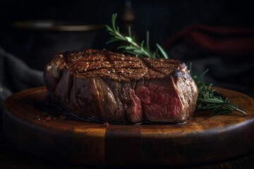 AI generated illustration of a steak served on a wooden plate garnished with a sprig of rosemary