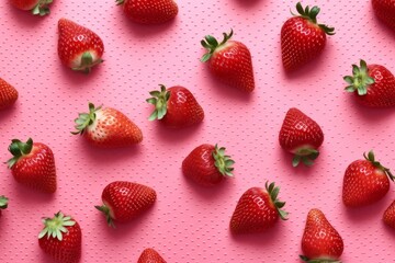 Strawberries on pink background, top view. Flat lay pattern