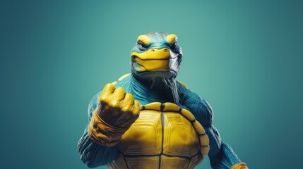 Muscle turtle gesture fist pump, Mutant turtle showing fighting pose on bright color studio background - obrazy, fototapety, plakaty