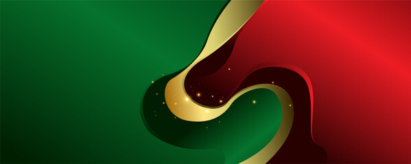 Abstract red and green wave background with golden ribbon