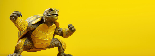 Muscle turtle gesture fist pump with copyspace, Mutant turtle showing fighting pose on bright color studio background