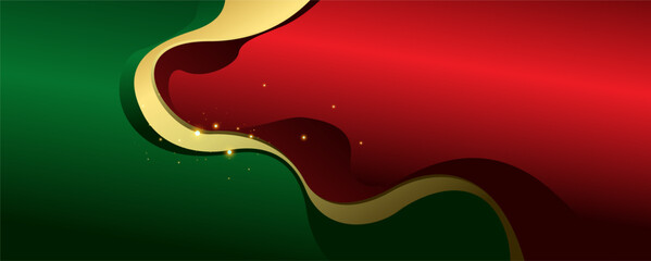 Abstract red and green wave background with golden ribbon
