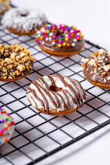 Chocolate donuts, on white background.
