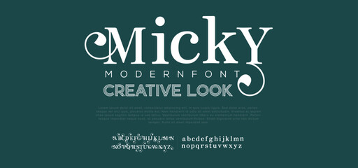 MICKY Premium luxury elegant alphabet letters and numbers. Elegant Tech typography classic serif font decorative vintage retro. Creative vector illustration - obrazy, fototapety, plakaty
