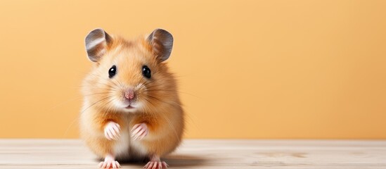 The Syrian hamster with orange fur is balancing on its hind legs and playfully closing one eye - obrazy, fototapety, plakaty
