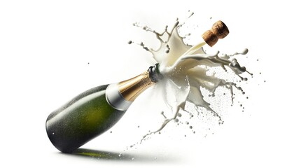 popping the cork off a bottle of celebratory champagne with a white background isolated