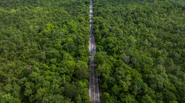 Aerial view asphalt road in the middle fores with car, Asphalt road through the mountain and green forest.