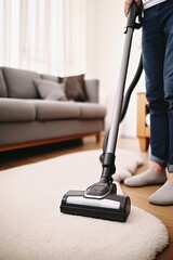 Caucasian man uses vacuum cleaner to keep living space tidy. Man with vacuum cleaner in hand...