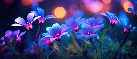 Neon colored flowers set against a backdrop of grass featuring a macro view dreamy bokeh and radiant neon lighting all capturing the beauty of nature