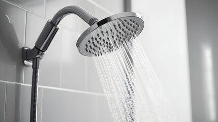 shower head in white bathroom with water drops flowing