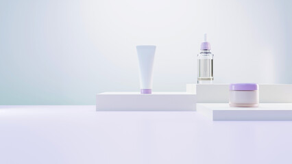 Facial cosmetics moisturizer cream and lotion on white podium soft blue background 3D rendering