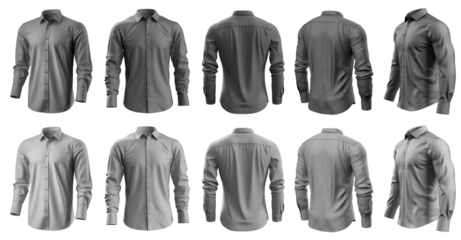 2 Set of grey gray button up long sleeve collar shirt front, back and side view on transparent background cutout, PNG file. Mockup template for artwork graphic design