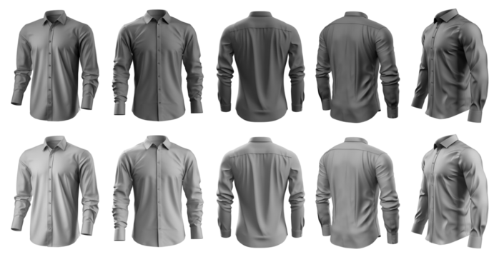 2 Set of grey gray button up long sleeve collar shirt front, back and side view on transparent background cutout, PNG file. Mockup template for artwork graphic design