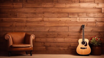 Panoramic view of a warm wood background with brown acoustic panels, inviting and rustic, interior design, acoustic guitar - obrazy, fototapety, plakaty