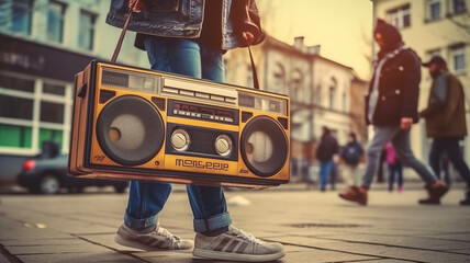 90s teens dance with boombox in the city. generative ai