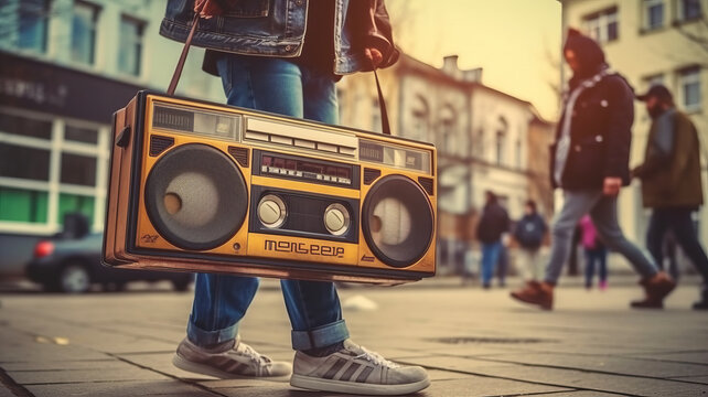 90s teens dance with boombox in the city. generative ai