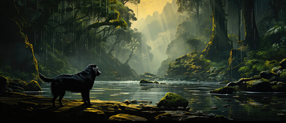 Explore the enchantment of a misty forest, with a faithful dog beside a calm stream in the soft morning light.