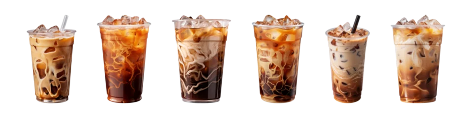 Tuinposter Collection of iced coffee in plastic takeaway glass isolated on a transparent background © agungai