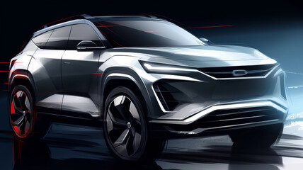 Fototapeta premium A chinese EV SUV sketch render, features clean front facial and silver body color