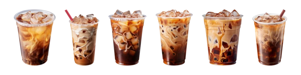 Fototapeten Collection of iced coffee in plastic takeaway glass isolated on a transparent background © agungai