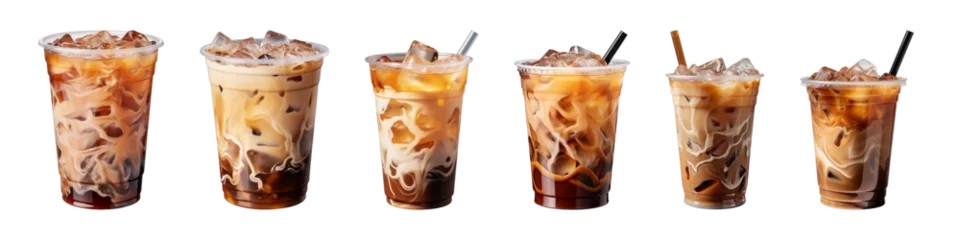 Keuken spatwand met foto Collection of iced coffee in plastic takeaway glass isolated on a transparent background © agungai