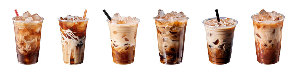 Collection of iced coffee in plastic takeaway glass isolated on a transparent background - obrazy, fototapety, plakaty