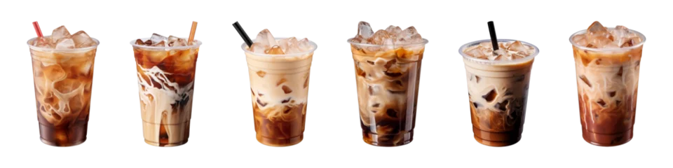 Selbstklebende Fototapeten Collection of iced coffee in plastic takeaway glass isolated on a transparent background © agungai
