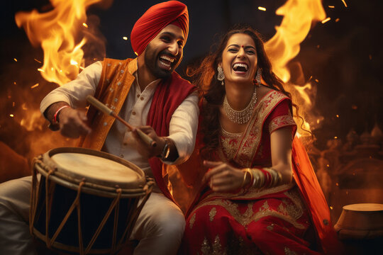 Young indian punjabi couple dancing on traditional festival.