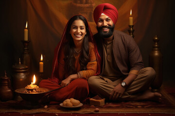 Young indian punjabi couple celebrating traditional festival. - obrazy, fototapety, plakaty