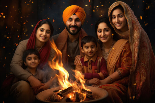 Indian sikh religious family celebrating together traditional festival.