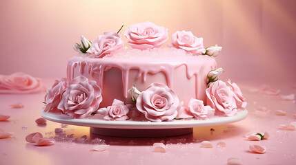 A delicious pink cake and decoration on the table. 