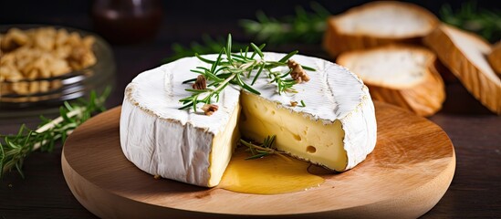 Selective focus captures the essence of European cuisine through a traditional homemade Camembert cheese from France enhanced with the flavors of thyme and garlic