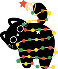 Christmas Black cat with lights cartoon illustration
