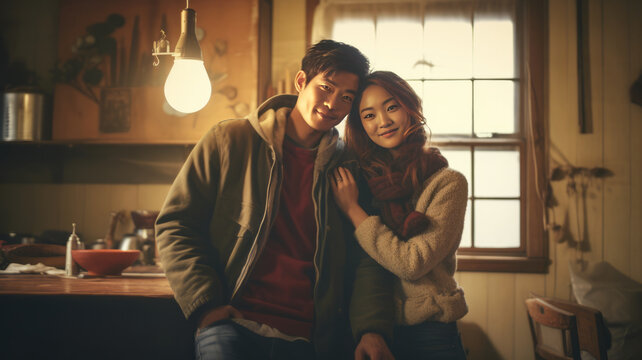 Diverse asian couple in grungy room